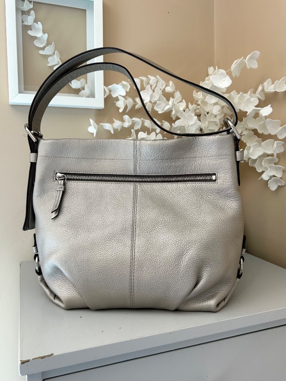 LikeNew Coach Soho Brooke Pebbled Leather Duffle/Hobo Bag #F15064 Metallic Taupe - Picture 3 of 14